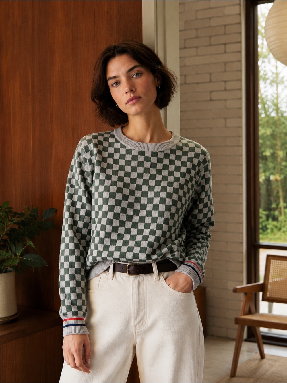 KULE olive & beige checkered lambswool bled sweater